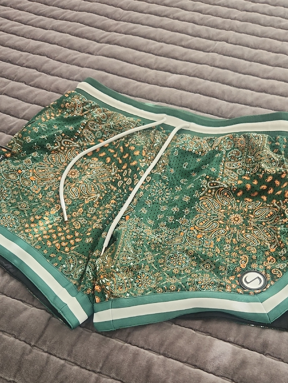Men's Green Paisley Athletic Shorts with Drawstring